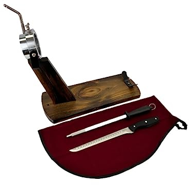 Jamonero Cabezal Giratorio + Cubre Jamon Burdeos + Afilador manual + Cuchillo Jamonero