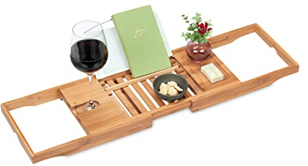 Relaxdays Bandeja Bañera, Bambú, 70-105 cm Extensible, Soporte Libros y Copa de Vino, Mesa Desayuno Cama, Natural/Blanco