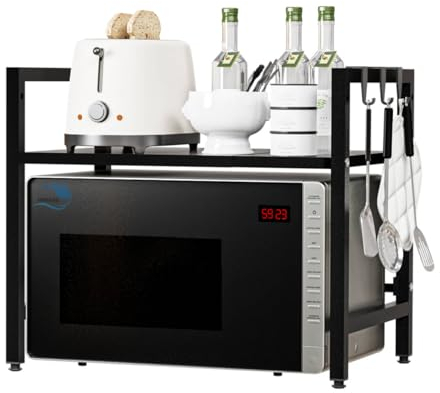 HMAKGG Etagere Micro Onde Extensible, Support Micro Onde Noir pour Cuisine Rangement, 2 Niveaux, 4 Crochets, Réglable Hauteur 32/42cm, Extensible 40-64cm, Etagere Cuisine en Acier au Carbone