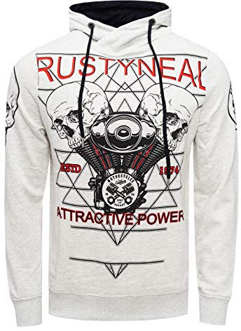 Rusty Neal Herren Kapuzenpuller Sweatshirt mit Rocker Print Biker-Sweater Langarm Skull Power Pullover 148, Farbe:Grau, Größe S-3XL:M