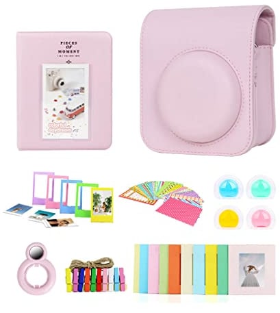 Berfea Étui Housse de Protection pour Appareil Photo Compatible avec Fujifilm Instax Mini 12 - avec Sac à bandoulière, Album, Autocollants, Filtre coloré, Cadre décoratif Mural, Objectif Selfie, Rose
