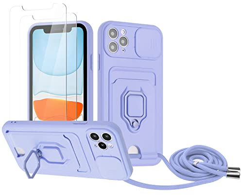 Zallagre Funda con Cuerda Compatible con iPhone 11 Pro MAX,[2 Packs Cristal Templado],Ranura para Tarjetas,Cubierta de Cámara Deslizante Proteger,360 Anillo Soporte-Morado