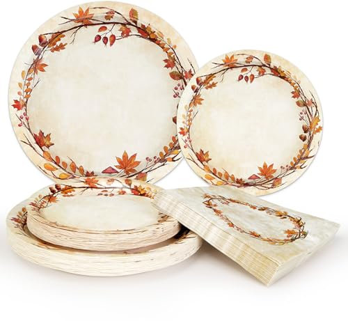 Homlouue 200 platos y servilletas de papel de otoño, suministros desechables de acuarela, hojas de otoño, suministros de fiesta de Acción de Gracias, juego de vajilla desechable de papel, suministros