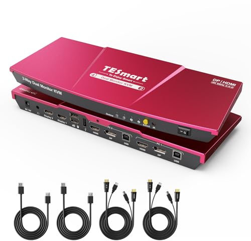 TESmart KVM Switch DisplayPort HDMI 2 Monitors, 4 Port DP+HDMI 2 PC 2 Monitor Switch mit Kabel, EDID, 4K@60Hz, Stereo Audio, Hotkey Button Switcher, USB 2.0, KVM Switch Dual Monitor für Arbeit