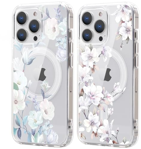 Xylota 2 Stück Magnetisch Hülle für iPhone 15 Pro 6.1 '' [Kompatibel mit MagSafe], Aesthetic Blume Muster Mädchen Design Klare Handyhülle, TPU Stoßfeste Transparent Schutzhülle für iPhone 15 Pro