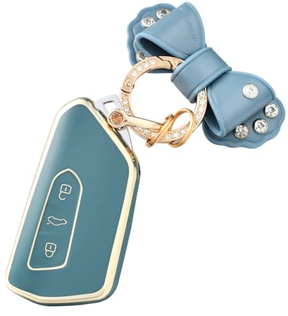 OFF WE GO Autoschlüssel Hülle mit Schlüsselanhänger Schlüsselhülle Cover für VW Golf 8 Seat Leon MK4 Tarraco Ateca Skoda Octavia 2020 Cupra 3 Tasten TPU Auto Schlüssel Hülle Schlüsselgehäuse,Blau Gold