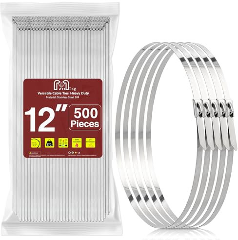 500 Pack Metal Zip Ties 300mm Stainless Steel Cable Ties Heavy Duty Self-Locking Wire Ties Load-Bearing Tension 122kg High Temp Zip Ties for Industrial Strapping UV Resistant