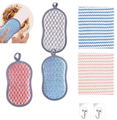 DHWEKU 3 Colours Kitchen Sponge, Microfibre Kitchen Sponge, Cleaning Sponge, Double-Sided, Washing Up Sponges, Washable for Cleaning Stubborn Dirt Scouring Pad, with 2 Cloths and 2 Hooks