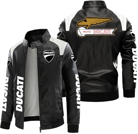Vsioeakm Giubbotto Bomber in Pelle da Uomo per Ducati Stampa 3D Elegante Colletto rialzato Giacca in Ecopelle con Zip Intera Regali per Adolescenti-F||XL