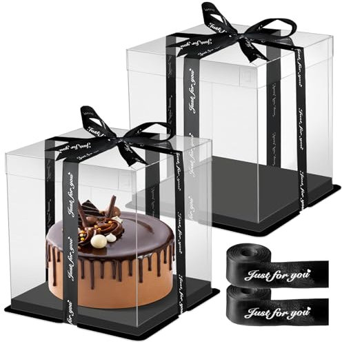 PUWOWYE Geschenkbox Durchsichtig, 2 Stück Transparente Geschenkbox 30x30x25 cm, 10 Zoll Tortenbox Transparent, Cake Boxes mit Sockel und Band für Geburtstag Dessert (Schwarz)