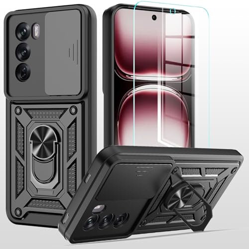 for OPPO Reno 12 pro Case with Tempered Glass Screen Protector Protection Cover Shockproof Heavy Duty [Military-Grade] Rugged Phone Case with Kickstand for OPPO Reno 12 pro 5G (Black)