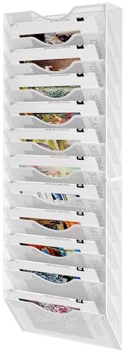 Solinxe 12-Pocket Desk Tidy Organizer, A4 Wall Mounted Document Holder, Vertical Metal Magazine Rack, Wall Hanging Storage Organiser in Tray for Office Accessories Stationery Supplies, White