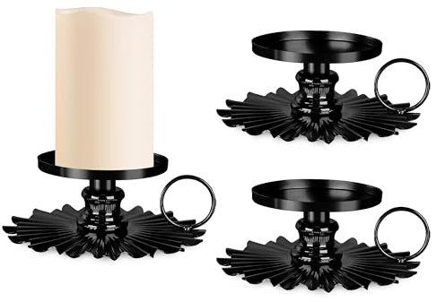 Wookiwuki Iron Plate Candle Holders, Set of 2 Decorative Pillar Candle Stand Black for Home Decor, Wedding, Dinning, Party, Christmas, Anniversary