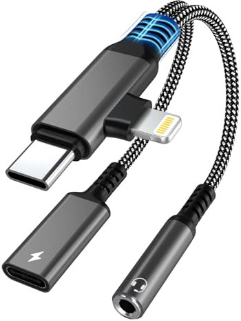 2 in 1 Adattatore Light-ning + USB-C Jack 3,5 mm e Ricarica PD 60W Type C Cuffie Adattatore iPhone Jack Adattatore Lighning Cavo Dongle HiFi Aux Sdoppiatore per iPhone 16/15/14/13/12/11/X/Pad/Samsung