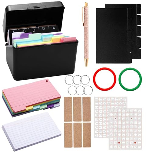 370 Stück Karteikartenbox, Farbige Lernkarten mit 6 Ringen, 350 Bunte Karteikarten mit Beidseitigem Linieren (6 Farben), Etiketten etc, Lernkarteibox für Studieren, Auswendiglernen
