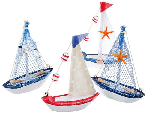 OSALADI 4 Pcs Wooden Sailboat Models Set, Pine Wood Nautical Boat Ornaments with Red Edge and Blue Marine Life, Seagull, Red Flag Canvas Sails, Mediterranean Style Home and Bedroom Decor