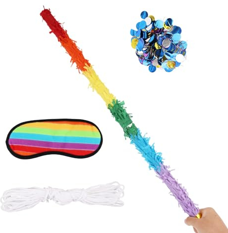 2 Stück 76cm Piñata Stab, Regenbogenfarben Unzerbrechlich Piñata-Stick mit Augenbinde Seil und Konfetti für Kinder und Erwachsene die Auf Jeder Party Spaß Haben Können