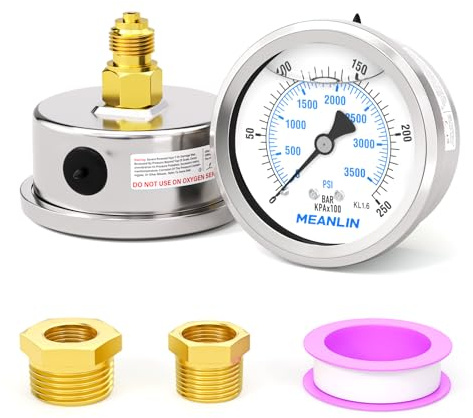 MEANLIN MEASURE 0~250BAR/0~3500PSI Flüssigkeitsgefülltes Manometer, Edelstahl 1/8BSP 2.5FACE DIAL, WOG Wasser-Öl-Luft Rückseitige Montage, mit 1/4BSP und 3/8BSP Sechskantbuchse