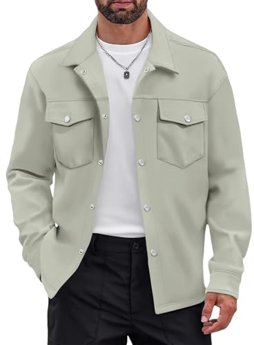 Oanviso Camicia a Giacca da Uomo Cargo Chemise Casual | Tinta Unita, con Revers, con Bottone e Tasche, Outwear, Manica Lunga, da Lavoro, Vestibilità Regolare