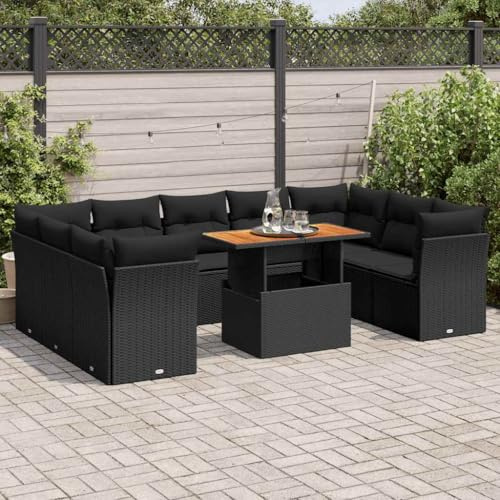 Mandloder 10-TLG. Garten-Sofagarnitur Schwarz Poly Rattan, Modulares Outdoor Möbel Set mit Verstellbarem Tisch, Stauraum und Kissen für Terrasse, Balkon