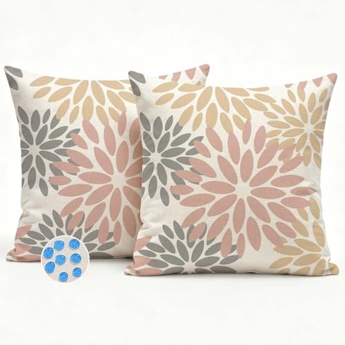 Kiatuniya Outdoor Kissenbezug 40x40 Rosa Grau Blumen Sofakissen Dahlien Wetterfest Dekokissen Frühling Sommer Kissenhüllen Couchkissen Kissenbezüge Wohnzimmer Garten Sofa Deko Kissen 2er Set