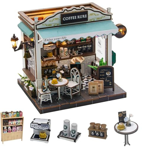 CUTEROOM DIY Miniatur Puppenhaus mit NFC-Funktion, Holzmodell-Bausatz mit LED, DIY Holz-Café, Miniatur-Gewächshausmodell, Miniaturwelt-Set, DIY Set Erwachsene
