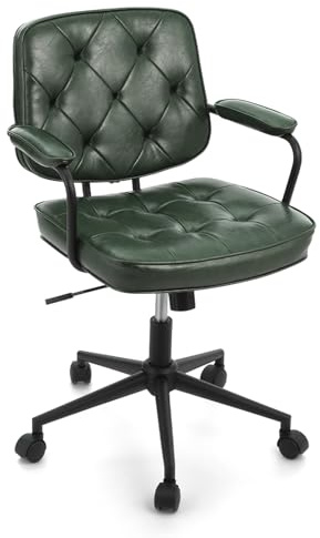 Garvee Retro Bürostuhl Ergonomischer Chefsessel aus PU-Leder, Höhenverstellbarer Schreibtischstuhl Drehstuhl mit Diamantsteppung, Vintage Design Home Office Stuhl, Dunkelgrün & Schwarz