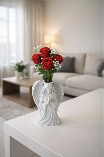 Skulpturale Engel-Vase in Marmor-Optik, Moderne Dekoration, Wasserdicht mit Einsatz, Grau, 18 cm Höhe, Kunststoff, Freistehend (18 cm)