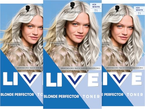 Schwarzkopf LIVE Blonde Perfector Toner T1 Ice White (3x 165 ml), Toner für eine kühle und klare Blonde Haarfarbe, semi-permanente Tönung mit Anti-Gelbstich-Effekt, hält bis zu 28 Haarwäschen