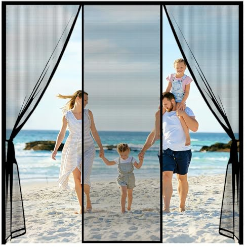 Custom Size Magnetic Fly Screen Door,Reinforced Polyester Double Door Screen Curtain,Anti Mosquito Mesh Fly Curtain,Heavy Duty Bug Mesh Curtain for Sliding Door, Patio, Bedroom-Hands Free,Black