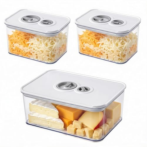 Dexpally 3 Piece Cheese Storage for Fridge Set: 2×720ml + 1×1650ml, Plastic Food Storage Box with Time Recording, BPA-Free Stackable Fridge Containers for Fresh Dairy, Chunks, Clear Design.