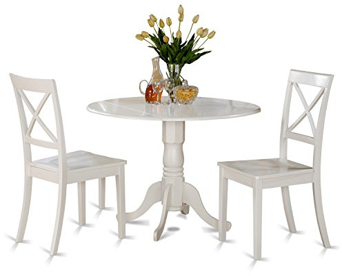 East West Furniture DLBO3-WHI-W 3 Piece Dining Room Table Set Contains a Round Kitchen Table with Dropleaf and 2 Dining Chairs, 42x42 Inch, Linen White