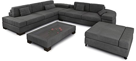 Bullhoff by Giovanni Capellini Sofagarnitur 3-Sitzer + Daybed + XL Hocker weiß Platin grau Couchgarnitur Sofa Couch Stoff Wohnlandschaft NÜRNBERG
