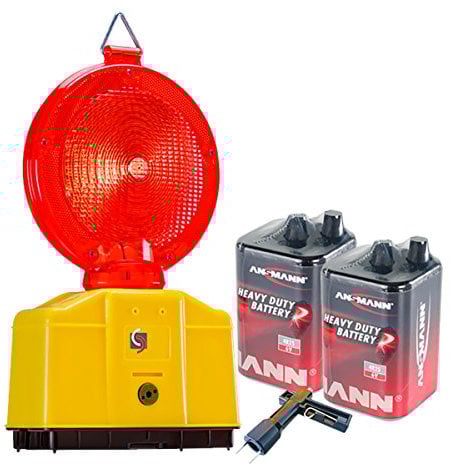UvV Baustellenleuchte LED Warnleuchte inkl. 2 x 6 Volt Batterien und 1 x Lampenschlüssel (rot)