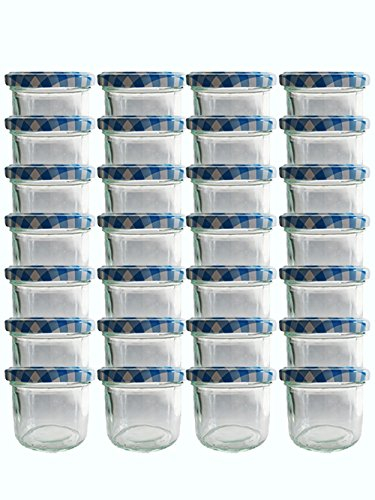 hocz Sturzgläser Set | Menge 50 Stück | Füllmenge 125 ml | mit Schraub-Deckel Deckelfarbe | Marmeladengläser Einmachgläser Einweckgläser (Blau Kariert, 50 Stück)