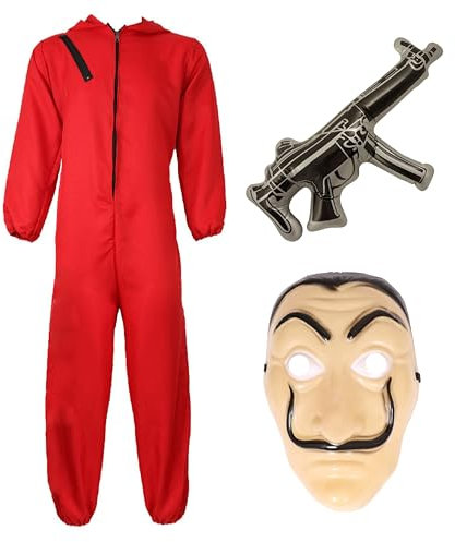 Adults Bank Robber Halloween Costume - Large - Red Jump Suit, Mask and Inflatable Machine Gun - Adults Halloween Fancy Dress Costume
