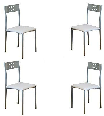 MOMMA HOME Set 4 Sillas - Modelo Xara - Color Plata/Blanco - Material Metal/Ecopiel - Medidas 41 x 47 x 86 cm