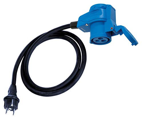 CEE Adapter-Kabel Winkel-Kupplung mit Steckdose auf Schutzkontakt Stecker 1,5m Kabel IP44 230V / 16A 3-polig für Camping, Adapterleitung für Boot, Camper, Wohnwagen, Wohnmobil, Winkelbuchse blau