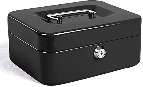 Large Cash Box with Key Lock, Portable Metal Money Box with Double Layer & 2 Keys for Security 20 * 16 * 9cm (XL, Black)