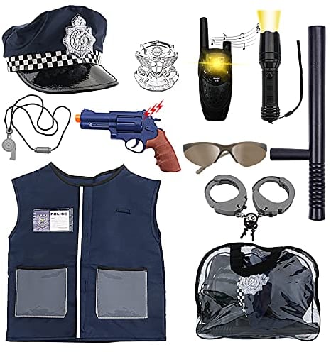 deAO Polizei Kostüm für Kinder, Polizeikostüm Set Uniform Mütze mit Mütze Ausrüstung, Polizei Spielzeug für Kinder Halloween Karneval