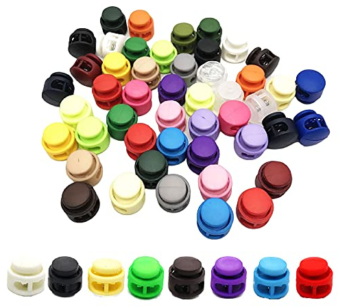Tiuxiu 100Pcs Fermacavo,Fermacorda a Molla con Chiusura a Cordoncino in Plastica Doppio Foro Serrature a Bottone a Forma di Sfera Chiusura per Cordoncino Abbigliamento,Lacci delle Scarpe,Zaini(Colore)