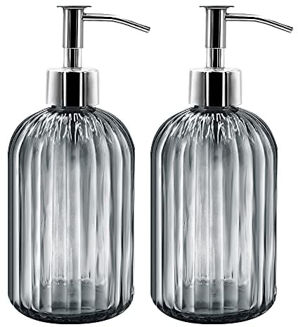 2er Pack Seifenspender Glas mit Pumpe, 400ml Flüssigseifenspender für Spülmittel, Shampoo und Lotion, Nachfüllbar Seifenspender für Küche, Bad, Waschküchem (Dunkelgrau)