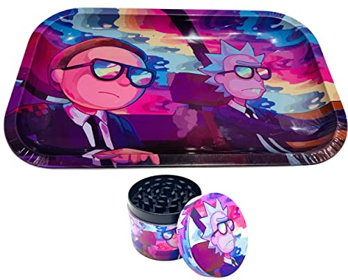 COMBO !!! Rick und Morty Set Rolltablett Set 27 x 16 cm aus stabilem Eisen + passendem Grinder 50 mm Durchmesser 4-teilig Gewürzmühle Zink sehr robust