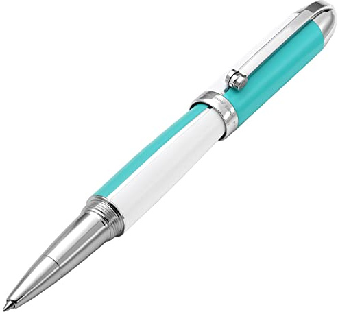 Xezo Visionary Brass and Aluminum Rollerball Pen, Fine Point. Hand Lacquered in Sky Blue and White. Numbered in Limited Edition of 500. Classic Art Deco Color Disposition, Retrofuturistic Body Style