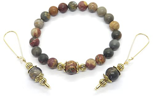 ThurColas Schmuckset für Damen mit Armband und Ohrringen aus Natursteinen und goldfarbenen Details
