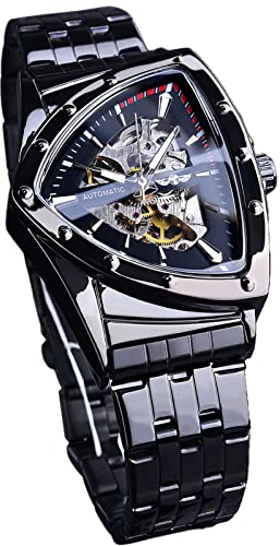 FORSINING Mechanische Herrenuhr, dreieckig, goldfarben, silberfarben, schwarzes Zifferblatt, Skelett, luxuriös, selbstaufziehend, wasserdicht, leuchtend, Schwarz , Armband