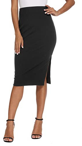 EXCHIC Damen Büro Hohe Taille Knielänge Stricken Bleistiftrock Elastische Bodycon Midi Rock mit Schlitz (S, Schwarz)