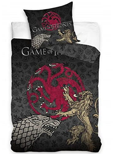 Game of Thrones - Stark Wolf Lannister Löwe Targaryen Drache - Bettbezug 140 x 200 cm und Kissenbezug 70 x 90 cm - 100% Baumwolle