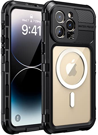 seacosmo für iPhone 14 Pro Hülle Wasserdicht [Kompatibel mit Magsafe] Metall Handyhülle iPhone 14 Pro Outdoor Stoßfest Schutzhülle mit Kameraschutz/Displayschutz,Schwarz