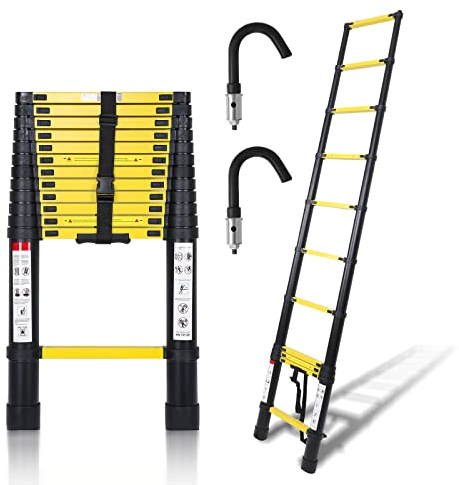 Cecaylie - Scala telescopica antiscivolo in alluminio, 3,2 m, con 2 ganci rimovibili, design telescopico, capacità di carico: 150 kg, nero